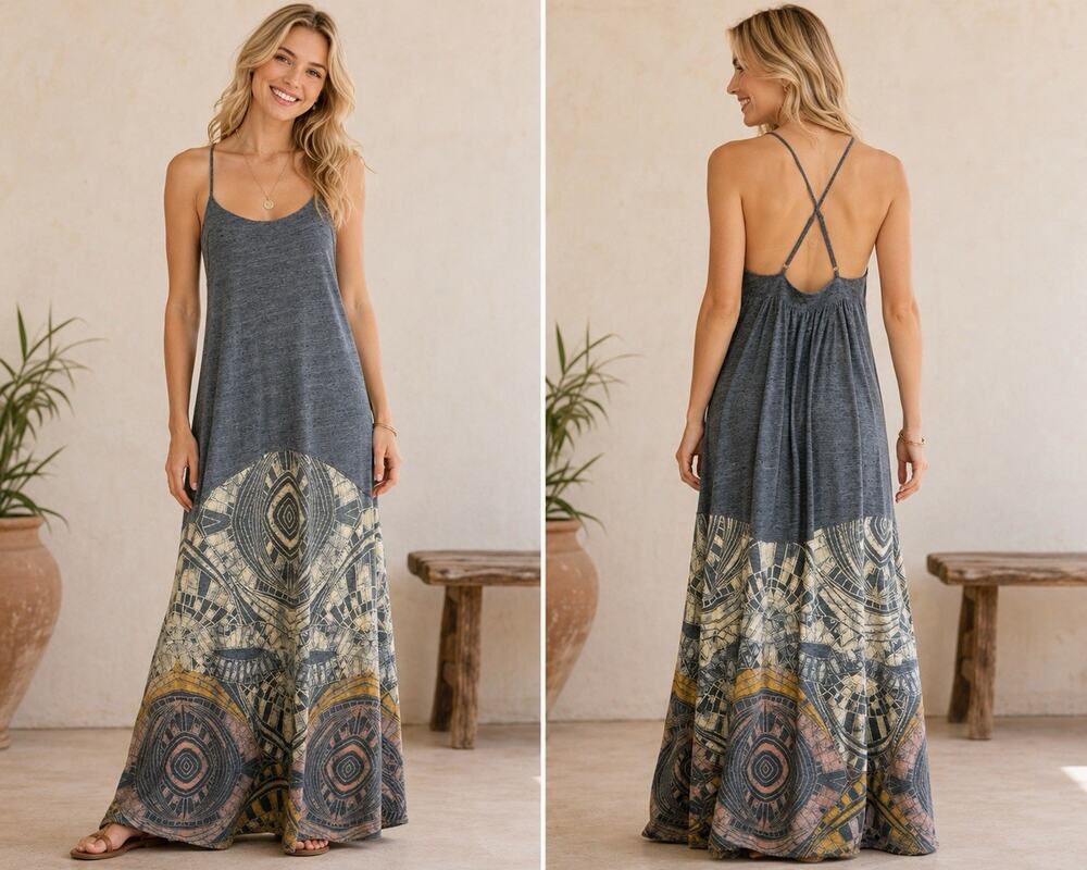 We The Free People Maxi Dress S/P Teal Tribal Print Adjustable Straps Boho